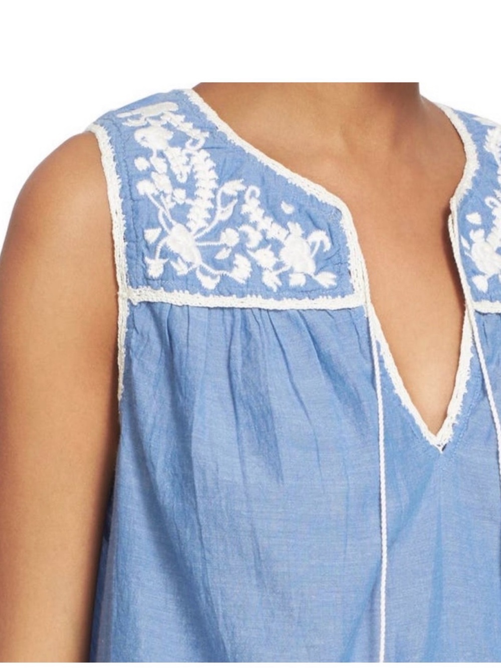 Joie Sky Blue Sleeveless Embroidered Yoke Top